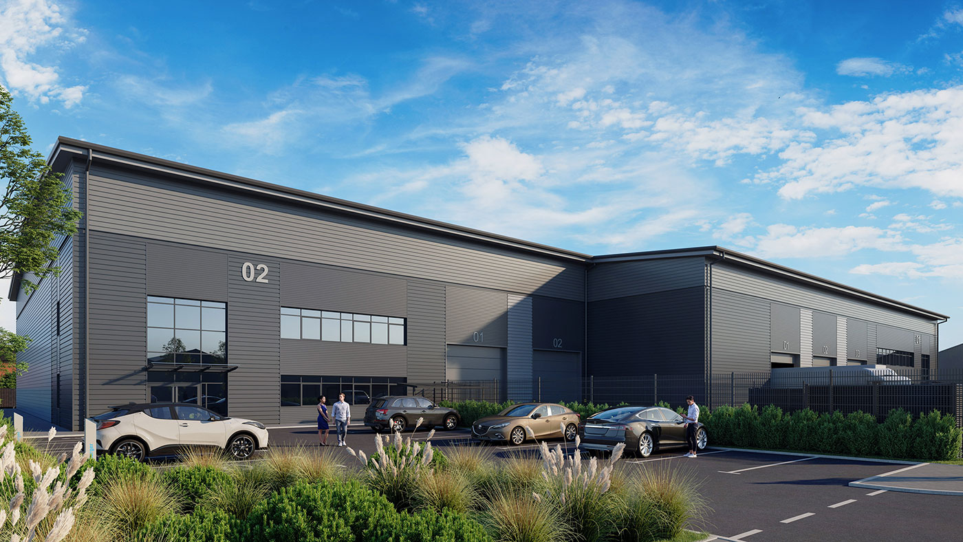 CGI of the Unit 2 office frontage and car park